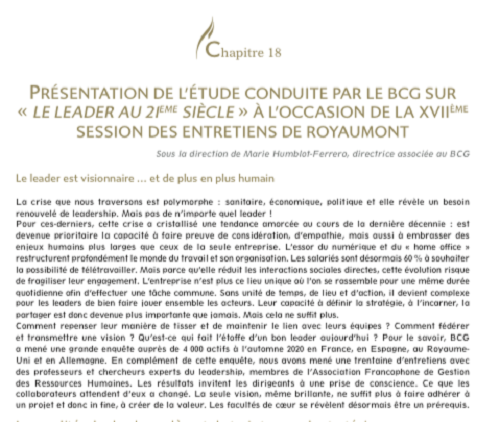 XVIIème Session – Partie 4 – Chapitre 18 : Présentation de l’étude conduite par le BCG sur « le leader au 21ème siècle »